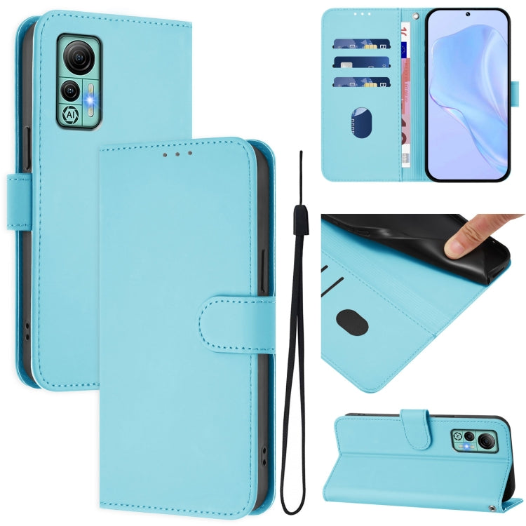 For Ulefone Note 14 Skin Feel Solid Color Leather Phone Case with Lanyard(Sky Blue)