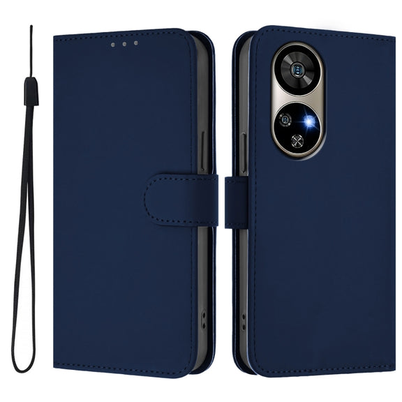 For Ulefone Note 17 Pro Skin Feel Solid Color Leather Phone Case with Lanyard(Navy Blue)