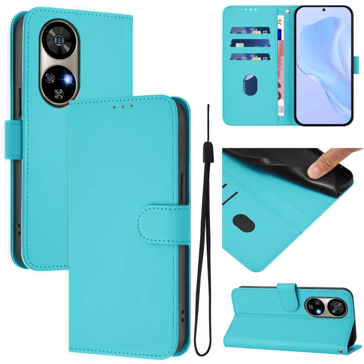 For Ulefone Note 17 Pro Skin Feel Solid Color Leather Phone Case with Lanyard(Lake Blue)