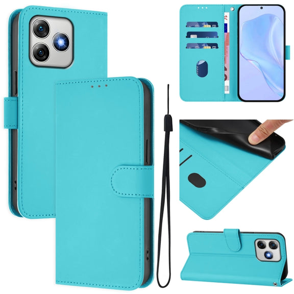 For Ulefone Note 18 Ultra Skin Feel Solid Color Leather Phone Case with Lanyard(Lake Blue)