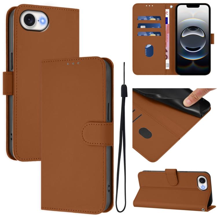 For iPhone 16e Skin Feel Solid Color Leather Phone Case with Lanyard(Brown)