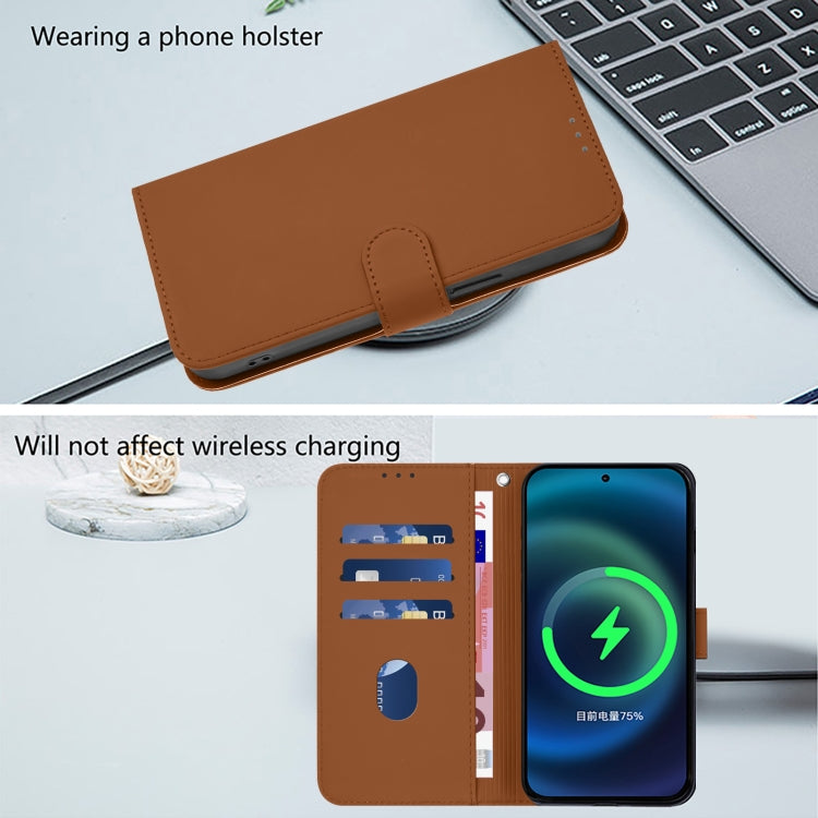 For iPhone 16e Skin Feel Solid Color Leather Phone Case with Lanyard(Brown)