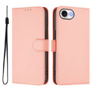 For iPhone 16e Skin Feel Solid Color Leather Phone Case with Lanyard(Pink)
