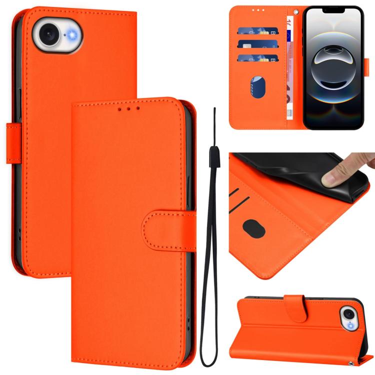 For iPhone 16e Skin Feel Solid Color Leather Phone Case with Lanyard(Orange)