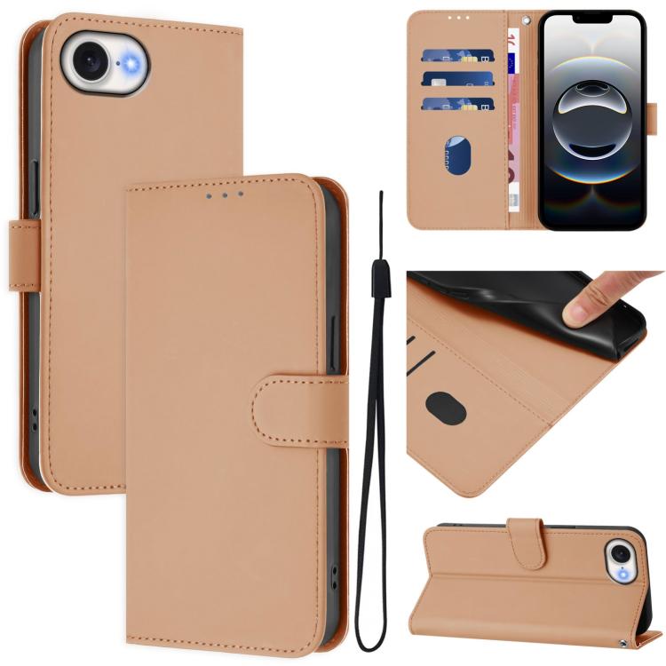 For iPhone 16e Skin Feel Solid Color Leather Phone Case with Lanyard(Nude)