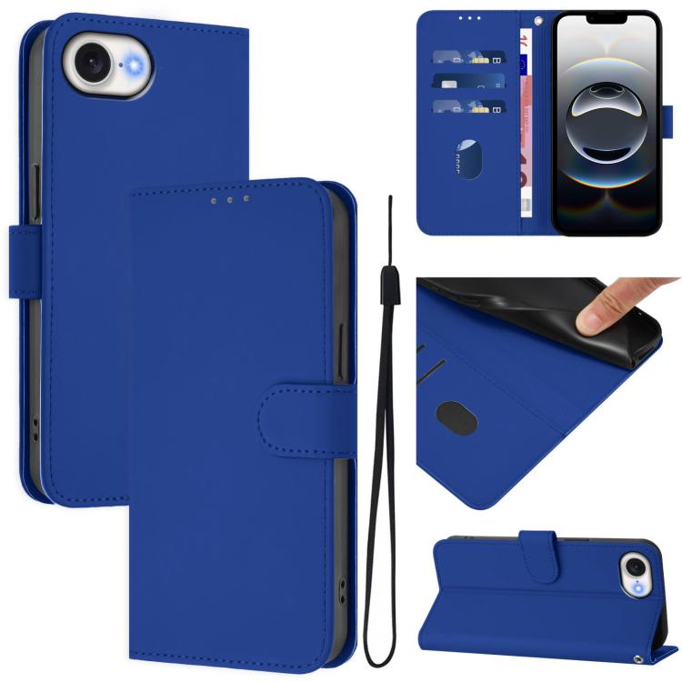 For iPhone 16e Skin Feel Solid Color Leather Phone Case with Lanyard(Dark Blue)