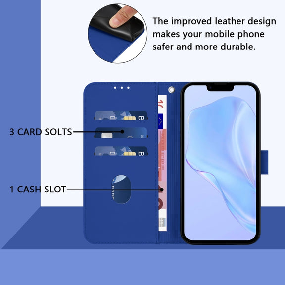 For iPhone 16e Skin Feel Solid Color Leather Phone Case with Lanyard(Dark Blue)