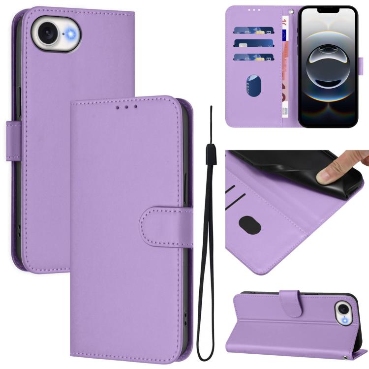 For iPhone 16e Skin Feel Solid Color Leather Phone Case with Lanyard(Lavender Purple)
