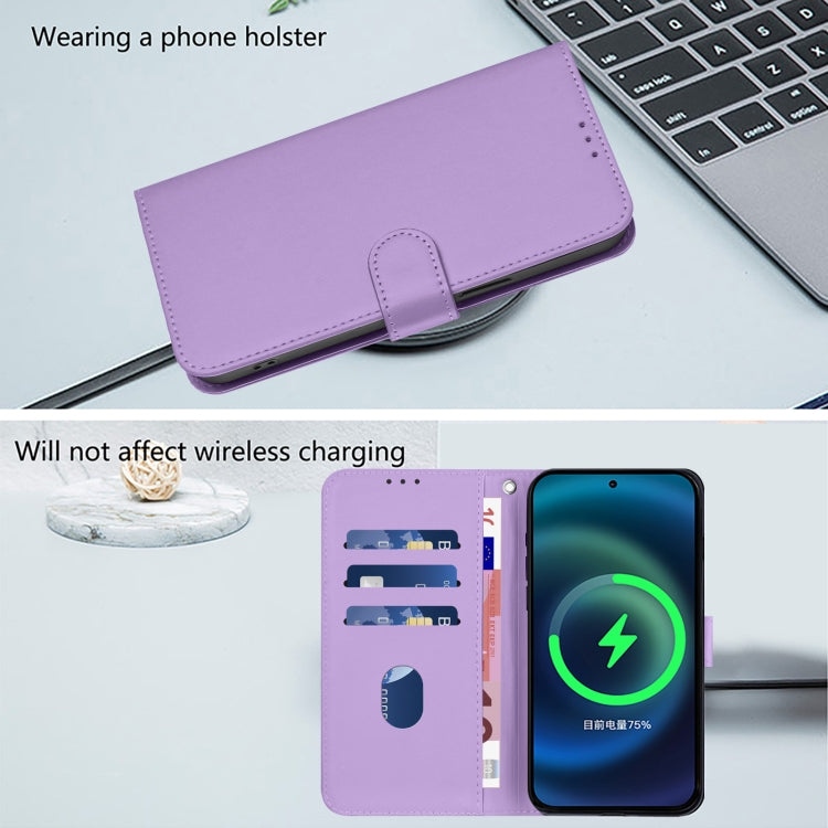 For iPhone 16e Skin Feel Solid Color Leather Phone Case with Lanyard(Lavender Purple)
