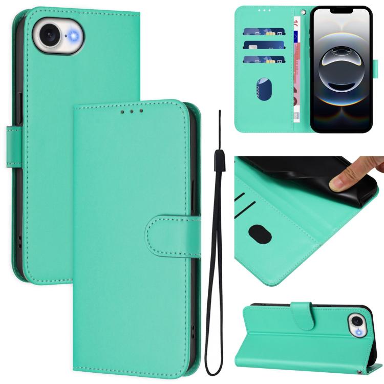 For iPhone 16e Skin Feel Solid Color Leather Phone Case with Lanyard(Green)
