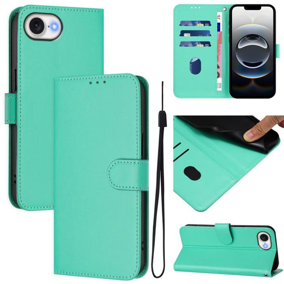 For iPhone 16e Skin Feel Solid Color Leather Phone Case with Lanyard(Green)