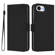 For iPhone 16e Skin Feel Solid Color Leather Phone Case with Lanyard(Black)