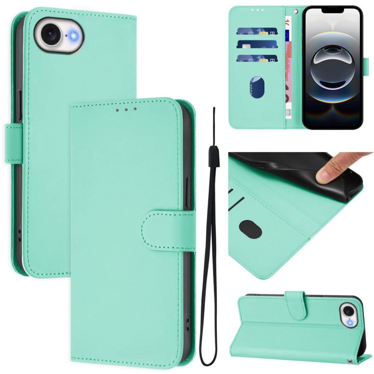 For iPhone 16e Skin Feel Solid Color Leather Phone Case with Lanyard(Mint Green)