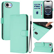 For iPhone 16e Skin Feel Solid Color Leather Phone Case with Lanyard(Mint Green)