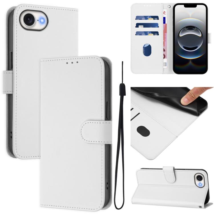 For iPhone 16e Skin Feel Solid Color Leather Phone Case with Lanyard(White)