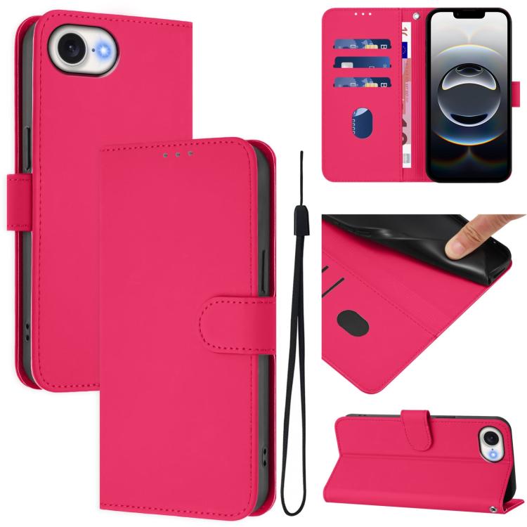 For iPhone 16e Skin Feel Solid Color Leather Phone Case with Lanyard(Rose Red)