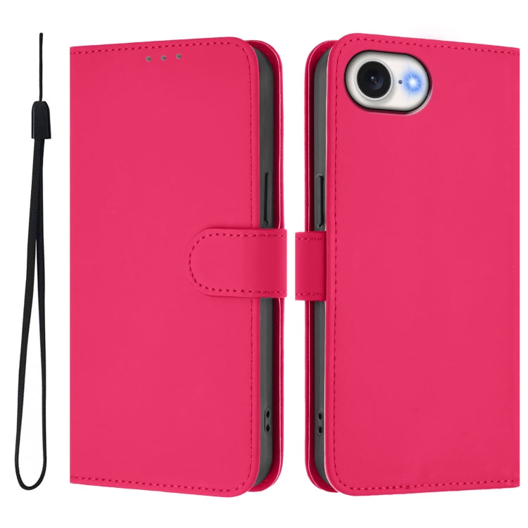 For iPhone 16e Skin Feel Solid Color Leather Phone Case with Lanyard(Rose Red)