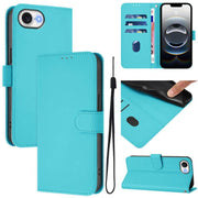 For iPhone 16e Skin Feel Solid Color Leather Phone Case with Lanyard(Lake Blue)
