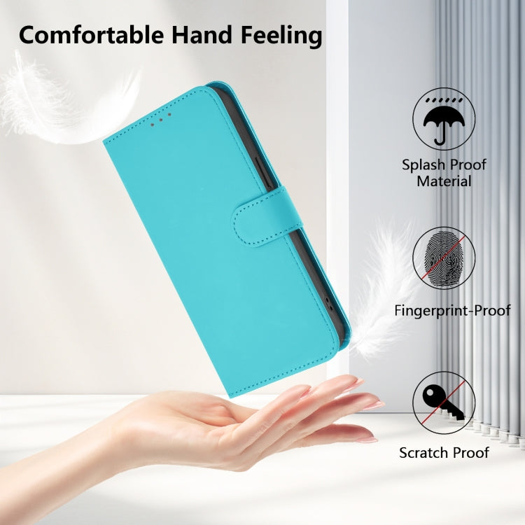 For iPhone 16e Skin Feel Solid Color Leather Phone Case with Lanyard(Lake Blue)