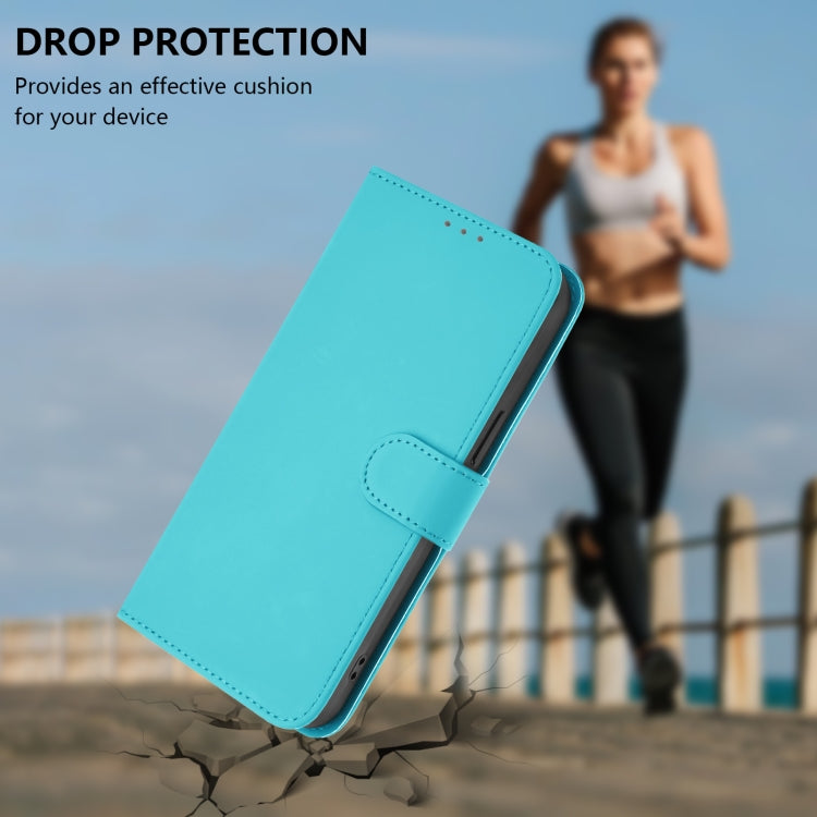 For iPhone 16e Skin Feel Solid Color Leather Phone Case with Lanyard(Lake Blue)