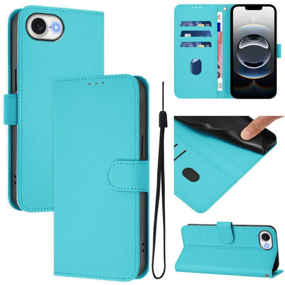 For iPhone 16e Skin Feel Solid Color Leather Phone Case with Lanyard(Lake Blue)
