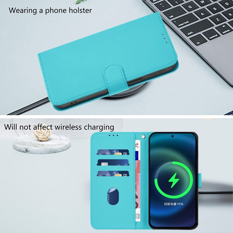 For iPhone 16e Skin Feel Solid Color Leather Phone Case with Lanyard(Lake Blue)