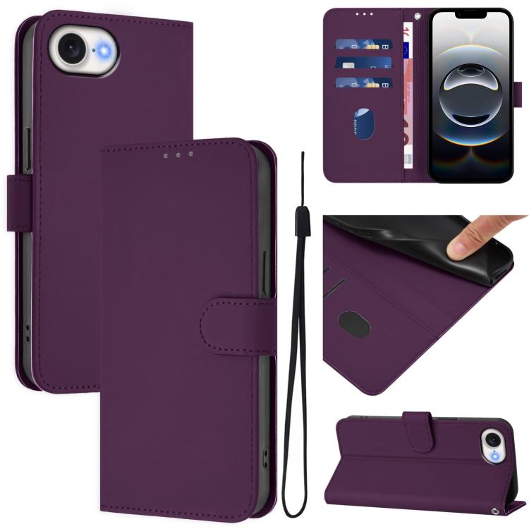 For iPhone 16e Skin Feel Solid Color Leather Phone Case with Lanyard(Violet)