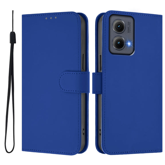 For Motorola Edge 5G 2024 Skin Feel Solid Color Leather Phone Case with Lanyard(Dark Blue)