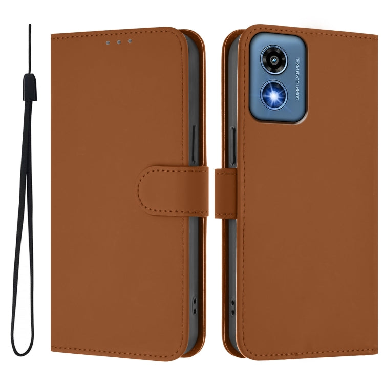 For Motorola Moto G Play 5G 2024 Global Skin Feel Solid Color Leather Phone Case with Lanyard(Brown)
