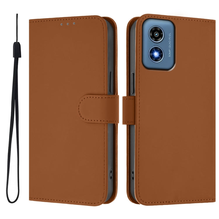 For Motorola Moto G Play 4G 2024 Global Skin Feel Solid Color Leather Phone Case with Lanyard(Brown)