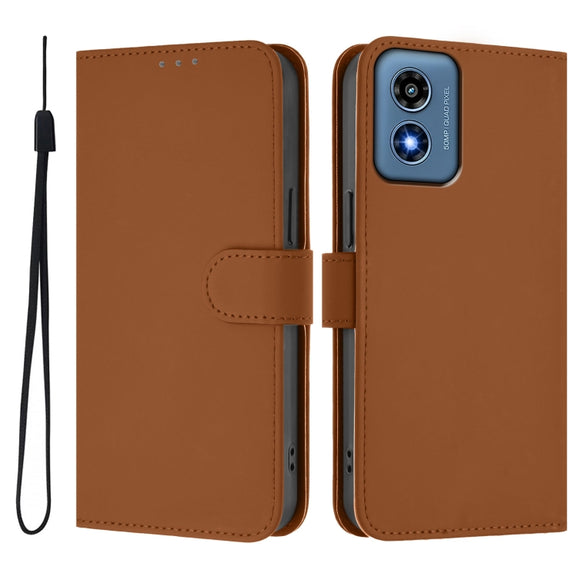 For Motorola Moto G Play 4G 2024 Global Skin Feel Solid Color Leather Phone Case with Lanyard(Brown)