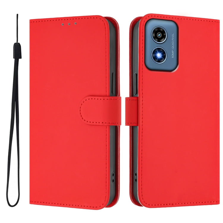 For Motorola Moto G Play 4G 2024 Global Skin Feel Solid Color Leather Phone Case with Lanyard(Red)