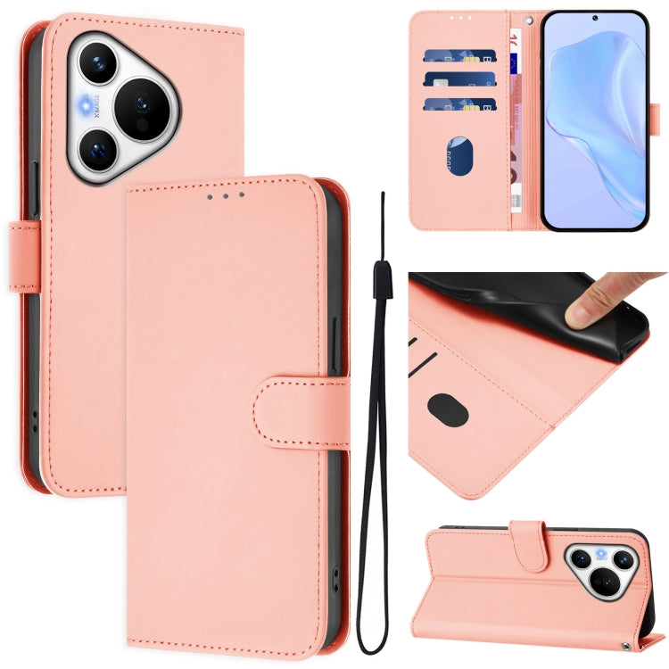 For Huawei Pura 70 Skin Feel Solid Color Leather Phone Case with Lanyard(Pink)