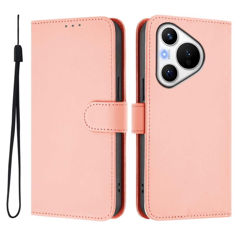 For Huawei Pura 70 Skin Feel Solid Color Leather Phone Case with Lanyard(Pink)