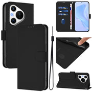 For Huawei Pura 70 Skin Feel Solid Color Leather Phone Case with Lanyard(Black)