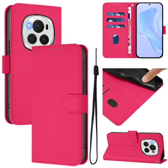 For Honor Magic6 Pro Skin Feel Solid Color Leather Phone Case with Lanyard(Rose Red)