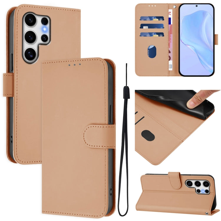 For Samsung Galaxy S25 Ultra 5G Skin Feel Solid Color Leather Phone Case with Lanyard(Nude)