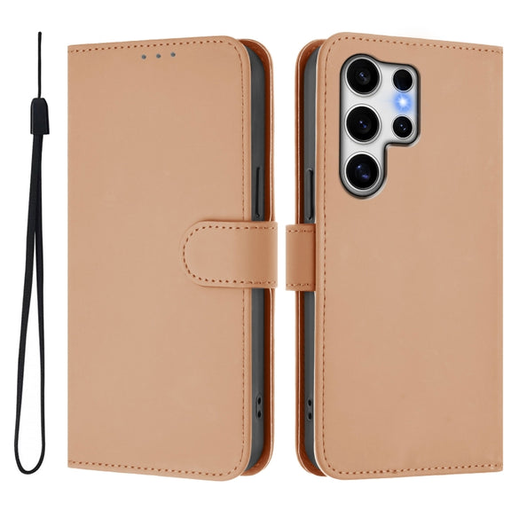 For Samsung Galaxy S25 Ultra 5G Skin Feel Solid Color Leather Phone Case with Lanyard(Nude)