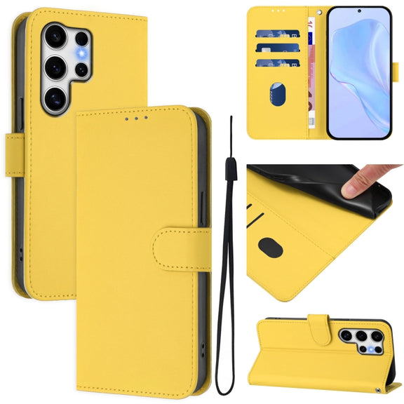 For Samsung Galaxy S25 Ultra 5G Skin Feel Solid Color Leather Phone Case with Lanyard(Lemon Yellow)
