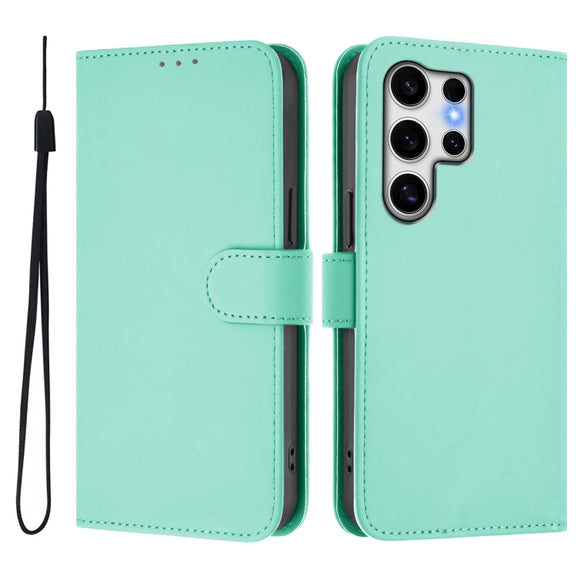 For Samsung Galaxy S25 Ultra 5G Skin Feel Solid Color Leather Phone Case with Lanyard(Mint Green)