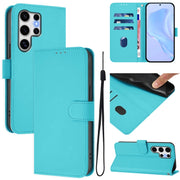 For Samsung Galaxy S25 Ultra 5G Skin Feel Solid Color Leather Phone Case with Lanyard(Lake Blue)