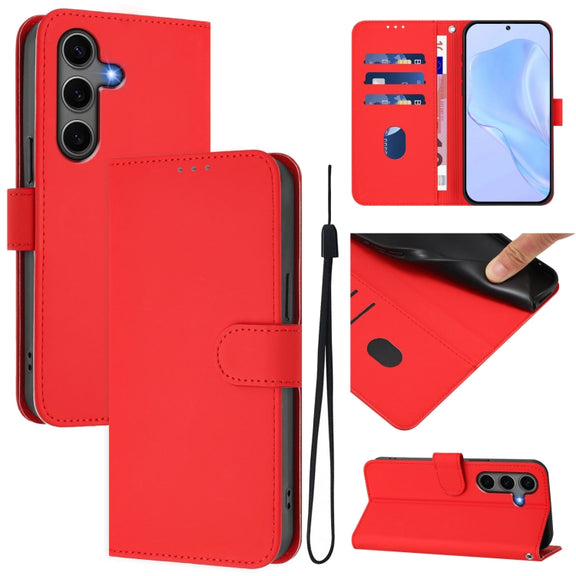 For Samsung Galaxy S25+ 5G Skin Feel Solid Color Leather Phone Case with Lanyard(Red)
