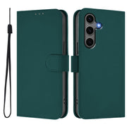 For Samsung Galaxy S25+ 5G Skin Feel Solid Color Leather Phone Case with Lanyard(Dark Green)