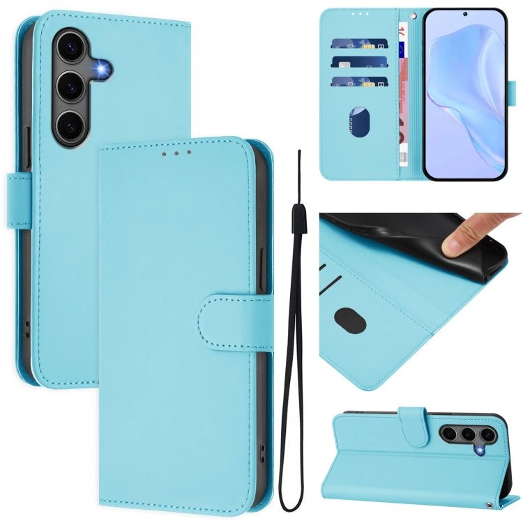For Samsung Galaxy S25+ 5G Skin Feel Solid Color Leather Phone Case with Lanyard(Sky Blue)