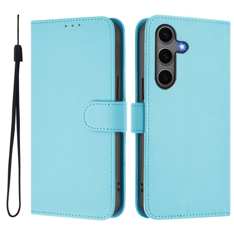 For Samsung Galaxy S25+ 5G Skin Feel Solid Color Leather Phone Case with Lanyard(Sky Blue)