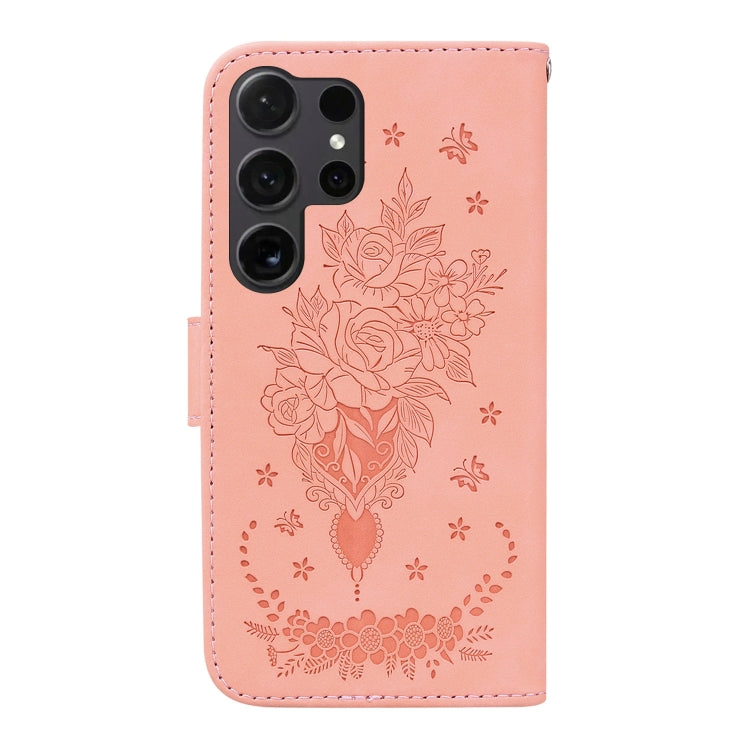 For Samsung Galaxy S25 Ultra 5G Butterfly Rose Embossed Leather Phone Case(Pink)