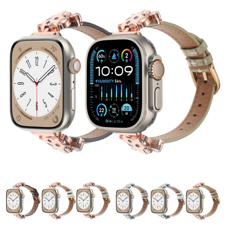 For Apple Watch 46mm / 49mm / 45mm / 44mm Leopard Head Bamboo Texture Leather Watch Band(Rose Gold White)