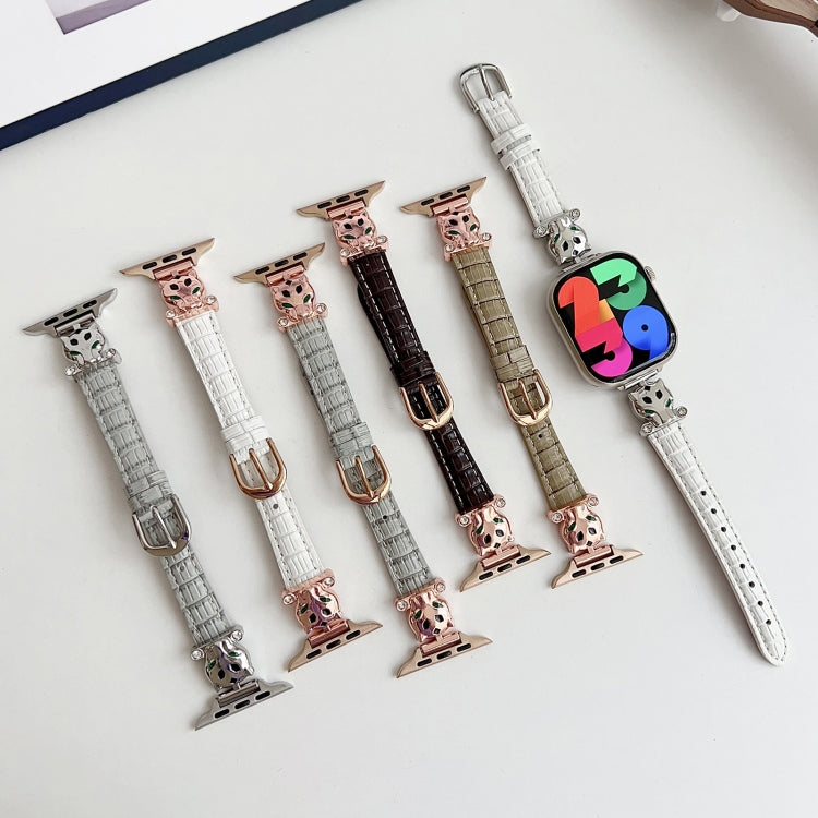 For Apple Watch 42mm / 41mm / 40mm / 38mm Leopard Head Bamboo Texture Leather Watch Band(Silver Grey)