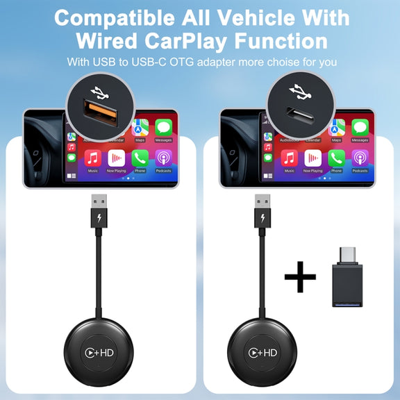 USB and HDMI Wired to Wireless CarPlay Auto Adapter, Specification:Round(White)