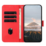 For iPhone 16e Triangle Pattern Buckle Clasp Leather Phone Case(Red)